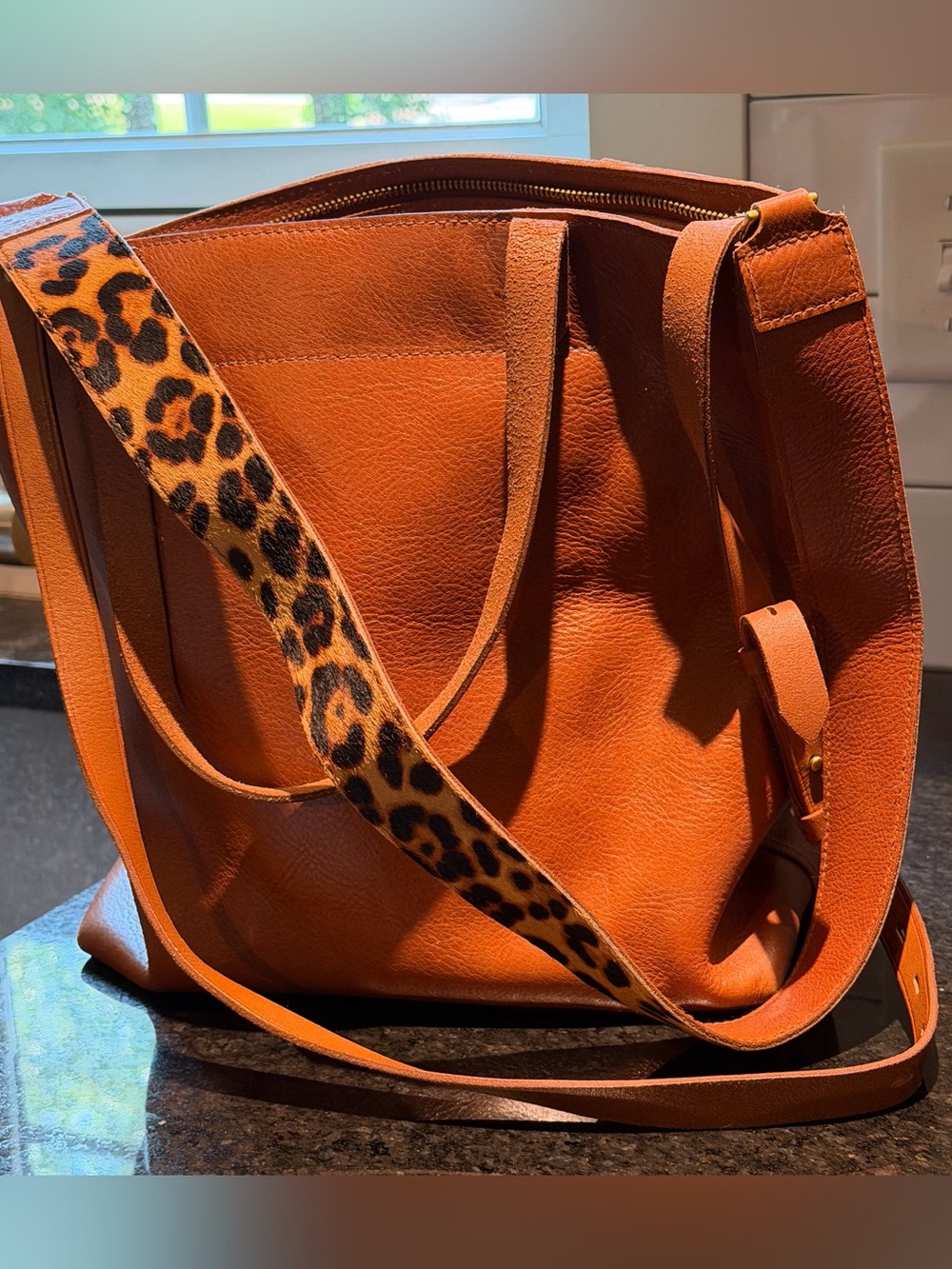 Madewell Leather Tote in Burnt Orange with Leopard Strap